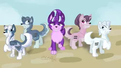 Size: 1024x576 | Tagged: safe, artist:usagi-zakura, derpibooru import, double diamond, night glider, party favor, starlight glimmer, sugar belle, wolf, equal cutie mark, my little wolf, species swap