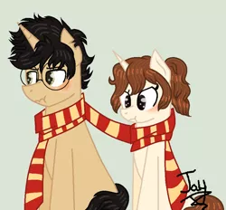 Size: 870x806 | Tagged: safe, artist:jaythecatlover, artist:tech-kitten, derpibooru import, ponified, pony, unicorn, base used, blushing, clothes, female, harry potter, hermione granger, male, mare, scarf, scrunchy face, shared clothing, shared scarf, simple background, sitting, stallion, starry eyes, wingding eyes