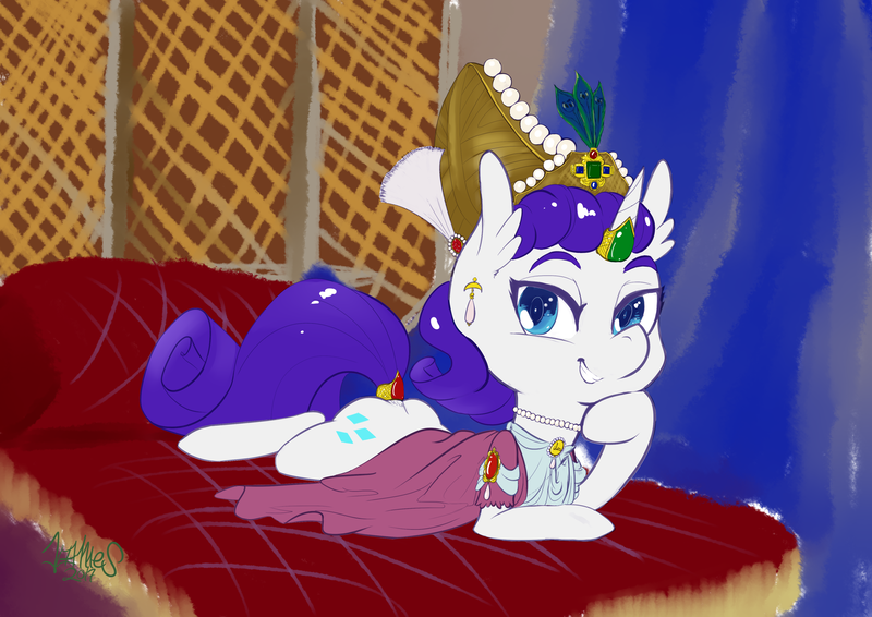 Size: 4092x2893 | Tagged: safe, artist:helloiamyourfriend, derpibooru import, rarity, pony, unicorn, absurd resolution, brooch, colored sketch, crown, ear piercing, earring, eyebrows, horn ring, jewelry, necklace, ottoman, ottoman turk, piercing, rarity wears human jewelry, regalia, smiling, solo