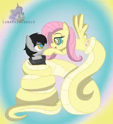 Size: 851x939 | Tagged: artist:lunahazacookie, coils, derpibooru import, fluttershy, fluttersnake, hypnosis, kaa eyes, lamia, oc, oc:panzer hoof, original species, safe, snake, swirly eyes