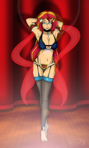 Size: 1391x2299 | Tagged: suggestive, artist:tyron91, derpibooru import, sunset shimmer, human, absolute cleavage, arm behind head, armlet, armpits, barefoot, bedroom eyes, belly button, belly dancer, both cutie marks, bra, breasts, busty sunset shimmer, cleavage, clothes, cutie mark on human, dancing, feet, female, g4, garter belt, humanized, image, jpeg, looking at you, sexy, socks, solo, solo female, spotlight, stage, stockings, thigh highs