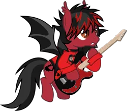 Size: 2079x1828 | Tagged: safe, artist:lightningbolt, derpibooru import, ponified, bat pony, pony, .svg available, bass guitar, button, casual, clandestine industries, clothes, dyed mane, ear fluff, edgy, fall out boy, fangs, flying, guitar, guitar pick, guitar strap, hoodie, hoof hold, implied shipping, male, messy mane, messy tail, musical instrument, pete wentz, pin, simple background, smiling, solo, spread wings, stallion, svg, transparent background, vector, zipper