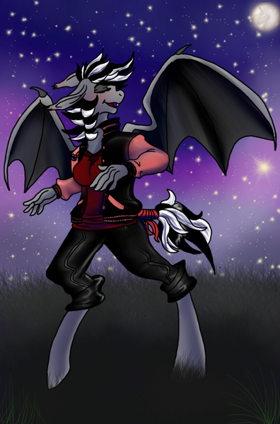 Size: 1000x1515 | Tagged: safe, artist:brainiac, derpibooru import, oc, oc:ashe, unofficial characters only, anthro, bat pony, unguligrade anthro, vampire, bat wings, clothes, cute, dancing, female, floppy ears, leather pants, letterman jacket, mare, singing, solo