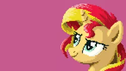 Size: 3840x2160 | Tagged: safe, artist:brisineo, derpibooru import, sunset shimmer, pony, unicorn, pixel art, simple background, smiling, solo, wallpaper