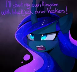 Size: 1680x1551 | Tagged: dead source, safe, artist:magnaluna, derpibooru import, princess luna, alicorn, pony, abstract background, angry, bender bending rodriguez, blackjack and hookers, bust, cheek fluff, crown, curved horn, cute little fangs, dialogue, ear fluff, fangs, female, floppy ears, fluffy, frown, futurama, galaxy mane, glare, jewelry, mare, meme, nightmare luna, reference, regalia, simple background, solo, yelling