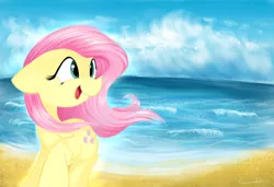 Size: 1024x702 | Tagged: artist:lcpegasister75, beach, derpibooru import, fluttershy, folded wings, head turn, ocean, open mouth, raised hoof, safe, smiling, solo, windswept mane