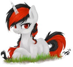 Size: 1008x920 | Tagged: safe, artist:drawlightshinesweet, derpibooru import, oc, oc:blackjack, unofficial characters only, pony, unicorn, fallout equestria, fallout equestria: project horizons, fanfic, colored pupils, fanfic art, female, grass, hooves, horn, lying down, mare, missing cutie mark, prone, red eyes, simple background, solo, transparent background