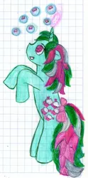 Size: 1009x2028 | Tagged: safe, artist:yuiharunashinozaki, derpibooru import, fizzy, pony, bipedal, bubble, g1, g1 to g4, generation leap, graph paper, magic, sketch, solo, traditional art