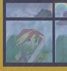 Size: 846x893 | Tagged: safe, artist:fuzzyfurvert, derpibooru import, edit, edited screencap, screencap, sunset shimmer, fanfic, equestria girls, legend of everfree, fanfic art, rain, rainbow, school bus, solo