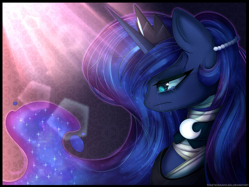 Size: 2000x1500 | Tagged: safe, artist:togeticisa, derpibooru import, princess luna, bandage, crepuscular rays, crying, eye reflection, reflection, sad, solo