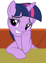 Size: 2700x3700 | Tagged: safe, artist:tomfraggle, derpibooru import, twilight sparkle, twilight sparkle (alicorn), alicorn, pony, the saddle row review, grin, looking at you, sitting, smiling, smuglight sparkle, solo