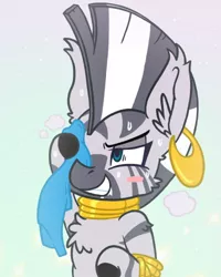 Size: 400x500 | Tagged: safe, artist:dragonpone, derpibooru import, zecora, zebra, blush sticker, blushing, cheek fluff, chest fluff, drool, ear fluff, ear piercing, earring, female, gradient background, image, jewelry, lidded eyes, piercing, png, quadrupedal, smiling, solo, sparkles, sweat, sweating towel guy, towel