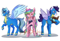 Size: 1350x920 | Tagged: safe, artist:khalilfrederick, derpibooru import, oc, oc:bismuth sherbet, oc:rainbow blaze, oc:sky strider, unofficial characters only, pegasus, pony, book, clipboard, clothes, female, goggles, male, mare, mouth hold, offspring, parent:cheese sandwich, parent:pinkie pie, parent:rainbow dash, parent:soarin', parents:cheesepie, parents:soarindash, pencil, simple background, stallion, transparent background, uniform, wonderbolts uniform