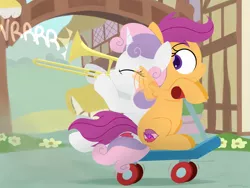 Size: 2560x1920 | Tagged: safe, artist:dtcx97, derpibooru import, scootaloo, sweetie belle, pegasus, pony, unicorn, duo, female, filly, musical instrument, scooter, trombone