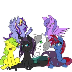 Size: 1200x1200 | Tagged: safe, artist:supasqueegee, derpibooru import, changeling queen oc, oc, oc:astral soul, oc:caraxis, oc:connie, oc:crystal storm, oc:silver, oc:violet, unofficial characters only, changeling, changeling queen, earth pony, pegasus, pony, unicorn, female, prone, simple background, white background