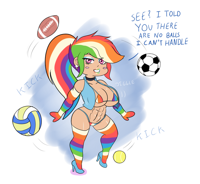 Size: 1609x1481 | Tagged: questionable, artist:annon, derpibooru import, rainbow dash, human, abs, american football, ball, bikini, bimbo, bimbo dash, breasts, busty rainbow dash, chibi, chibimbo, clothes, dialogue, female, football, high heels, human coloration, humanized, image, muscles, nudity, png, ponytail, rainbow bikini, rainbow socks, rainbow swimsuit, rainbuff dash, socks, solo, solo female, stockings, striped socks, swimsuit, tennis ball, thigh highs, vest, volleyball