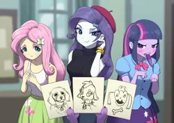 Size: 1023x723 | Tagged: safe, artist:agaberu, artist:fluttershy, artist:rarity, artist:twilight sparkle, derpibooru import, fluttershy, rarity, spike, twilight sparkle, dog, human, equestria girls, artception, bare shoulders, beatnik rarity, beret, blushing, bracelet, clothes, drawing, eyeshadow, female, french rarity, hat, humans doing horse things, jewelry, lidded eyes, makeup, mouth hold, offscreen character, pixiv, realistic, shirt, skirt, sleeveless sweater, smiling, smug, smugity, spike the dog, stylistic suck, sweater