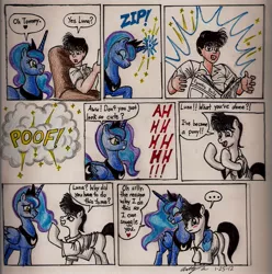 Size: 2337x2352 | Tagged: safe, artist:newyorkx3, derpibooru import, princess luna, oc, oc:tommy, ponified, alicorn, earth pony, human, pony, equestria daily, ..., blushing, comic, dialogue, female, heart, human to pony, male, mare, newspaper, ponysona, self insert, self portrait, stallion, this will end in snuggles, traditional art, transformation