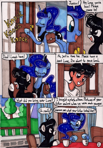 Size: 1391x1996 | Tagged: artist:newyorkx3, comic, comic:young days, derpibooru import, dialogue, human, oc, oc:tommy, oc:tommy junior, photo album, princess luna, safe, traditional art