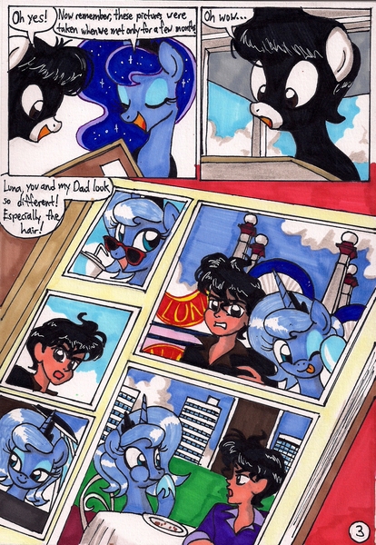 Size: 1377x1996 | Tagged: artist:newyorkx3, comic, comic:young days, derpibooru import, dialogue, human, oc, oc:tommy, oc:tommy junior, photo album, princess luna, s1 luna, safe, sunglasses, traditional art