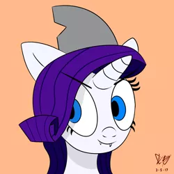 Size: 1500x1500 | Tagged: safe, artist:kaminakat, derpibooru import, rarity, pony, shark, unicorn, fanfic, bust, clothes, costume, cute little fangs, fanfic art, fangs, orange background, portrait, shark costume, shark fin, simple background, smiling, solo