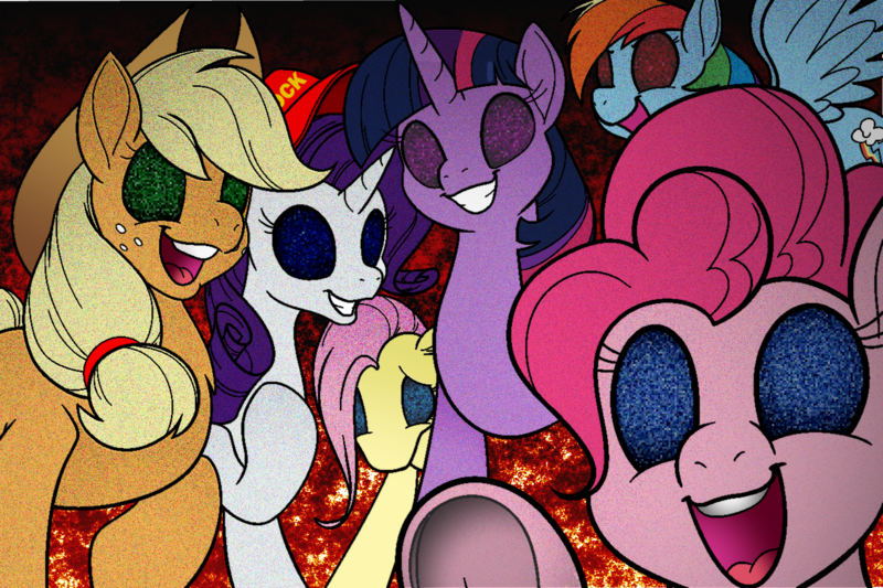 Size: 1280x853 | Tagged: adoracreepy, applejack, artist:goat train, artist:mr square, cock hat, creepy, cute, demon donkey, derpibooru import, edit, fluttershy, grimcute, hell, mane six, pinkie pie, rainbow dash, rarity, semi-grimdark, twilight sparkle, uncanny valley