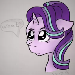 Size: 1000x1000 | Tagged: safe, artist:poloflede, derpibooru import, starlight glimmer, pony, unicorn, bust, floppy ears, looking at something, looking up, portrait, solo, speech bubble