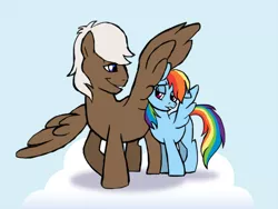 Size: 1024x768 | Tagged: artist:sinjaaussiaangels, behaving like a bird, cloud, derpibooru import, dumbbell, dumbdash, female, male, nuzzling, rainbow dash, safe, shipping, spread wings, straight