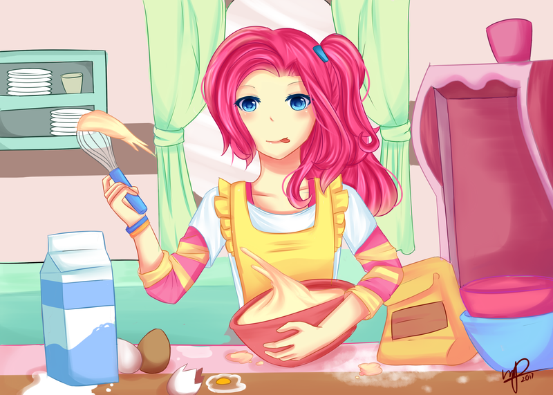 Size: 3500x2500 | Tagged: safe, artist:celeslun03, derpibooru import, pinkie pie, human, batter, bowl, egg, food, humanized, kitchen, mixing bowl, solo, tongue out, whisk
