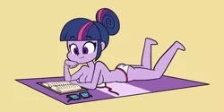 Size: 3000x1500 | Tagged: suggestive, artist:khuzang, derpibooru import, sci-twi, twilight sparkle, equestria girls, ass, beach, beach towel, bicolor swimsuit, big breasts, bikini, book, breasts, busty twilight sparkle, clothes, female, glasses, prone, reading, solo, solo female, swimsuit, towel, twibutt, untied bikini, white swimsuit