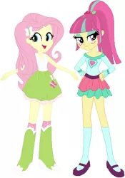 Size: 424x607 | Tagged: safe, artist:ra1nb0wk1tty, derpibooru import, fluttershy, sour sweet, equestria girls, boots, clothes, freckles, hand on hip, high heel boots, mary janes, ponytail, shoes, simple background, skirt, socks