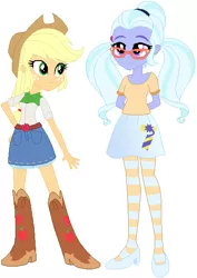 Size: 412x582 | Tagged: safe, artist:ra1nb0wk1tty, derpibooru import, applejack, sugarcoat, equestria girls, boots, clothes, cowboy boots, cowboy hat, denim skirt, dynamite, explosives, freckles, glasses, hand on hip, hat, high heels, pigtails, shoes, simple background, skirt, stetson, striped pantyhose, tights, twintails