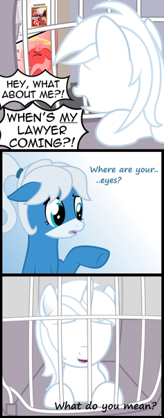 Size: 1062x2701 | Tagged: safe, artist:arifproject, artist:badumsquish, derpibooru import, oc, oc:downvote, oc:notification, oc:post anonymously, ponified, unofficial characters only, earth pony, pony, unicorn, derpibooru, cage, comic, derpibooru ponified, dialogue, downvote vs theme, eyes closed, female, floppy ears, halo, meta, no eyes, open mouth, pet carrier, pointing, reply, smiling