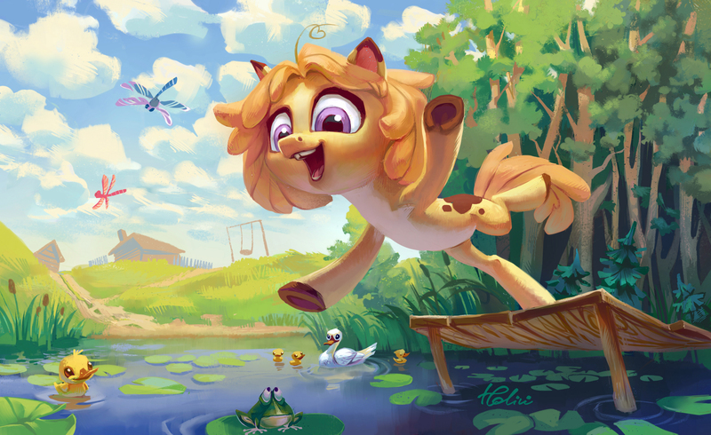 Size: 3085x1891 | Tagged: safe, artist:holivi, derpibooru import, oc, unofficial characters only, dragonfly, duck, earth pony, frog, pony, swan, cute, duckling, female, filly, forest, lake, lilypad, ocbetes, open mouth, pier, pond, signature, solo, tree, underhoof, young