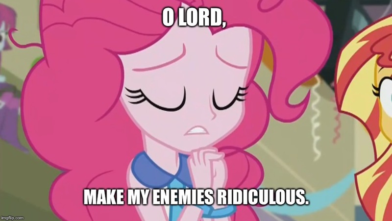 Size: 887x500 | Tagged: safe, derpibooru import, edit, edited screencap, screencap, pinkie pie, sunset shimmer, equestria girls, friendship games, god, image macro, meme, pinkie pie praying, quote, solo focus, voltaire