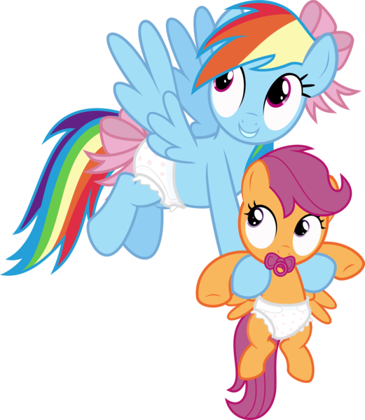Size: 3000x3454 | Tagged: questionable, artist:sollace, derpibooru import, rainbow dash, scootaloo, pony, .svg available, bow, crinkleloo, cute, cutealoo, diaper, diaper fetish, duo, flying, hair bow, pacifier, ribbon, simple background, smiling, tail bow, transparent background, vector