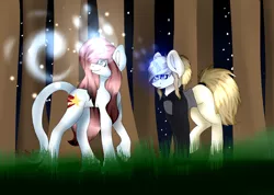 Size: 1024x731 | Tagged: safe, artist:fizzy2014, artist:sonnasart, derpibooru import, oc, unofficial characters only, pony, unicorn, collaboration, forest, magic