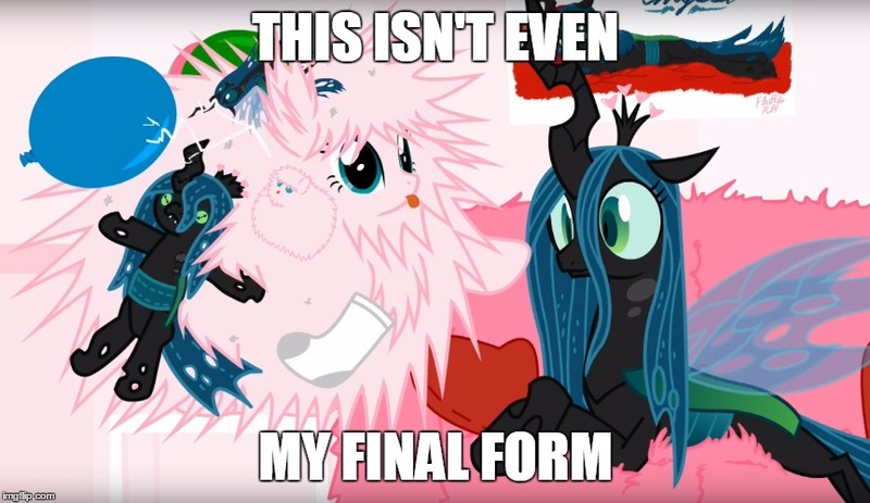 Size: 863x500 | Tagged: safe, artist:mixermike622, derpibooru import, queen chrysalis, oc, oc:fluffle puff, balloon, canon x oc, chrysipuff, female, image macro, lesbian, meme, plushie, shipping, sock, static electricity, this isn't even my final form
