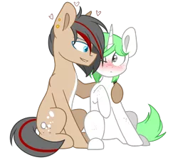 Size: 1881x1700 | Tagged: safe, artist:despotshy, derpibooru import, oc, unofficial characters only, earth pony, pony, unicorn, blushing, colored pupils, female, freckles, male, mare, one eye closed, simple background, sitting, stallion, transparent background
