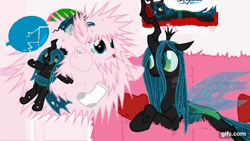 Size: 640x360 | Tagged: safe, artist:mixermike622, derpibooru import, queen chrysalis, oc, oc:fluffle puff, oc:marksaline, changeling, animated, boop, canon x oc, chrysipuff, female, gif, lesbian, red changeling, shipping, static electricity, static shock, this will end in pain, weapons-grade boop