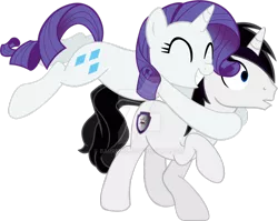 Size: 1024x815 | Tagged: safe, artist:barrfind, derpibooru import, rarity, oc, oc:barrfind, pony, unicorn, canon x oc, cutie mark, eyes closed, female, hug, jumping, love, male, rarifind, shipping, simple background, smiling, straight, surprised, transparent background, vector, watermark