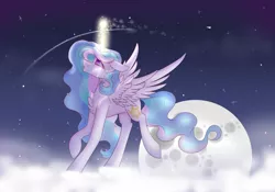 Size: 1024x717 | Tagged: safe, artist:coffeebeanu, derpibooru import, princess celestia, alicorn, pony, lullaby for a princess, crying, female, glowing horn, mare, moon, night, solo