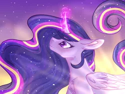 Size: 1024x768 | Tagged: safe, artist:blazingcookie717, artist:coffeebeanu, derpibooru import, twilight sparkle, twilight sparkle (alicorn), alicorn, pony, collaboration, curved horn, ethereal mane, female, glowing horn, mare, older, older twilight, rainbow power, solo, starry mane, ultimate twilight