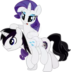 Size: 1024x1041 | Tagged: safe, artist:barrfind, derpibooru import, rarity, oc, oc:barrfind, pony, unicorn, canon x oc, female, holding a pony, love, male, rarifind, shipping, simple background, straight, transparent background, vector, watermark