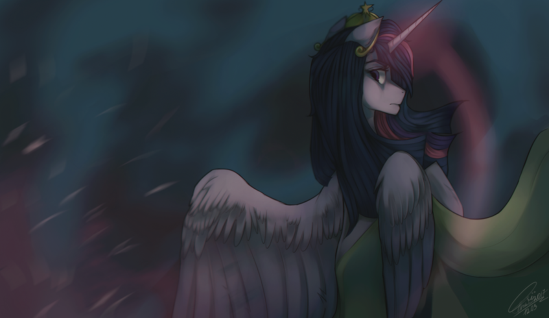 Size: 1860x1079 | Tagged: safe, artist:orfartina, derpibooru import, twilight sparkle, twilight sparkle (alicorn), alicorn, pony, element of magic, female, long horn, looking back, magic, mare, signature, solo