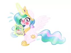 Size: 1024x768 | Tagged: safe, artist:mlpbluesketch, derpibooru import, princess celestia, alicorn, pony, blushing, cake, cakelestia, caught, female, food, magic, mare, simple background, sitting, solo, spread wings, sweatdrop, telekinesis