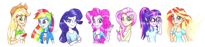 Size: 2401x552 | Tagged: safe, artist:maran-zelde, derpibooru import, applejack, fluttershy, pinkie pie, rainbow dash, rarity, sci-twi, sunset shimmer, twilight sparkle, equestria girls, daydream shimmer, elf ears, humane five, humane seven, humane six, neck fluff, simple background, traditional art