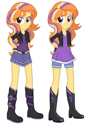 Size: 1584x2304 | Tagged: safe, artist:thecheeseburger, derpibooru import, oc, oc:evening blaze, unofficial characters only, equestria girls, alternate universe, boots, bracelet, clothes, cute, equestria girls-ified, female, fingerless gloves, gloves, hand on hip, high heel boots, jacket, jewelry, leather jacket, looking at you, shorts, simple background, solo, transparent background