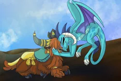 Size: 1800x1200 | Tagged: artist:percy-mcmurphy, cloven hooves, crack shipping, cute, derpibooru import, dragon, emberford, female, interspecies, male, prince rutherford, princess ember, safe, shipping, straight, xk-class end-of-the-world scenario, yak