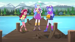 Size: 854x480 | Tagged: safe, derpibooru import, gloriosa daisy, princess celestia, princess luna, equestria girls, legend of everfree, boots, camp everfree outfits, cap, clothes, flower, flower in hair, hat, high heel boots, lifejacket, pier, principal celestia, shoes, shorts, skirt, socks, vice principal luna